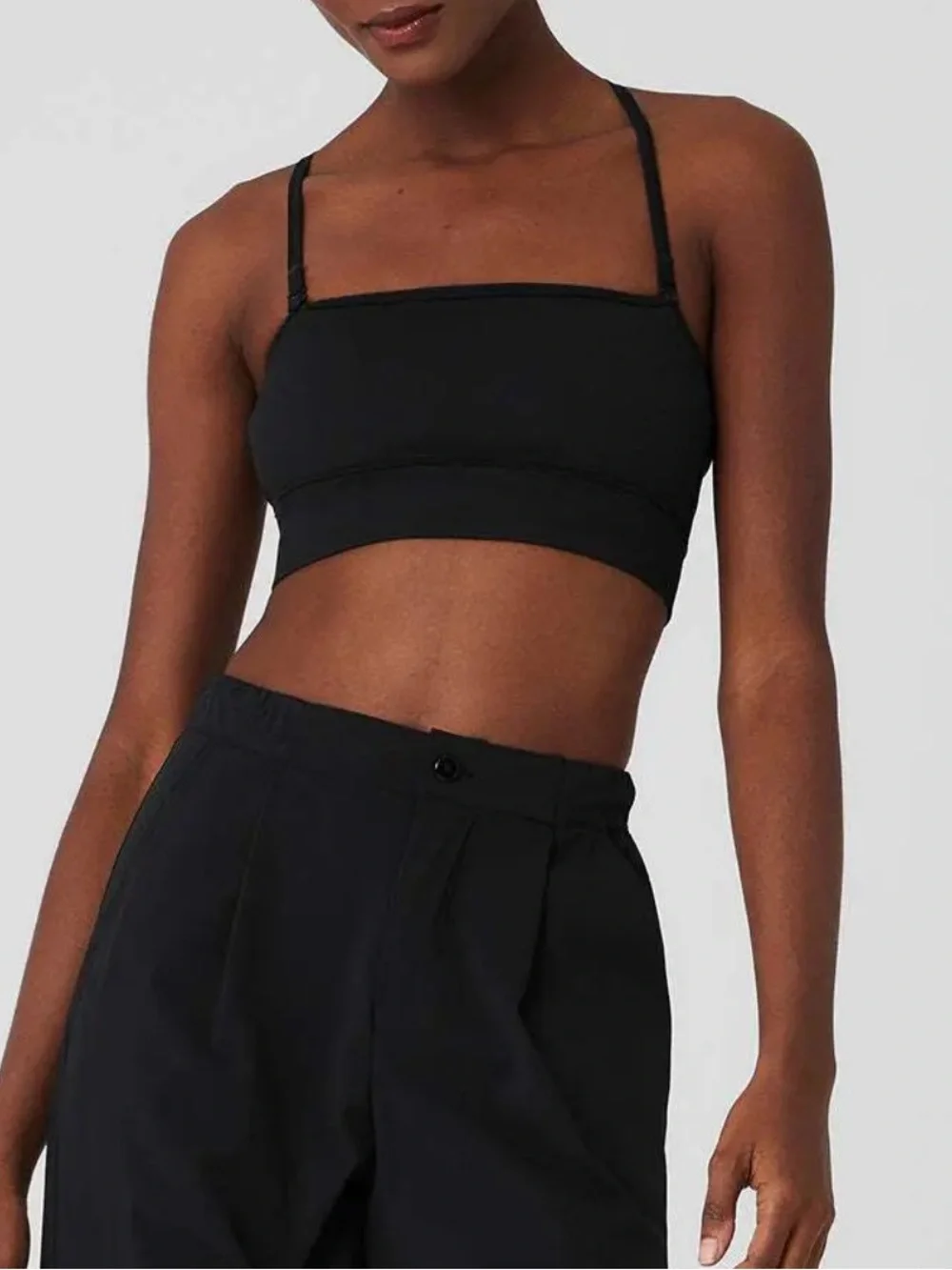 ALO Yoga Black Seamless Open Air Bandeau Bra Cross-Back Sports Bra with Mesh
